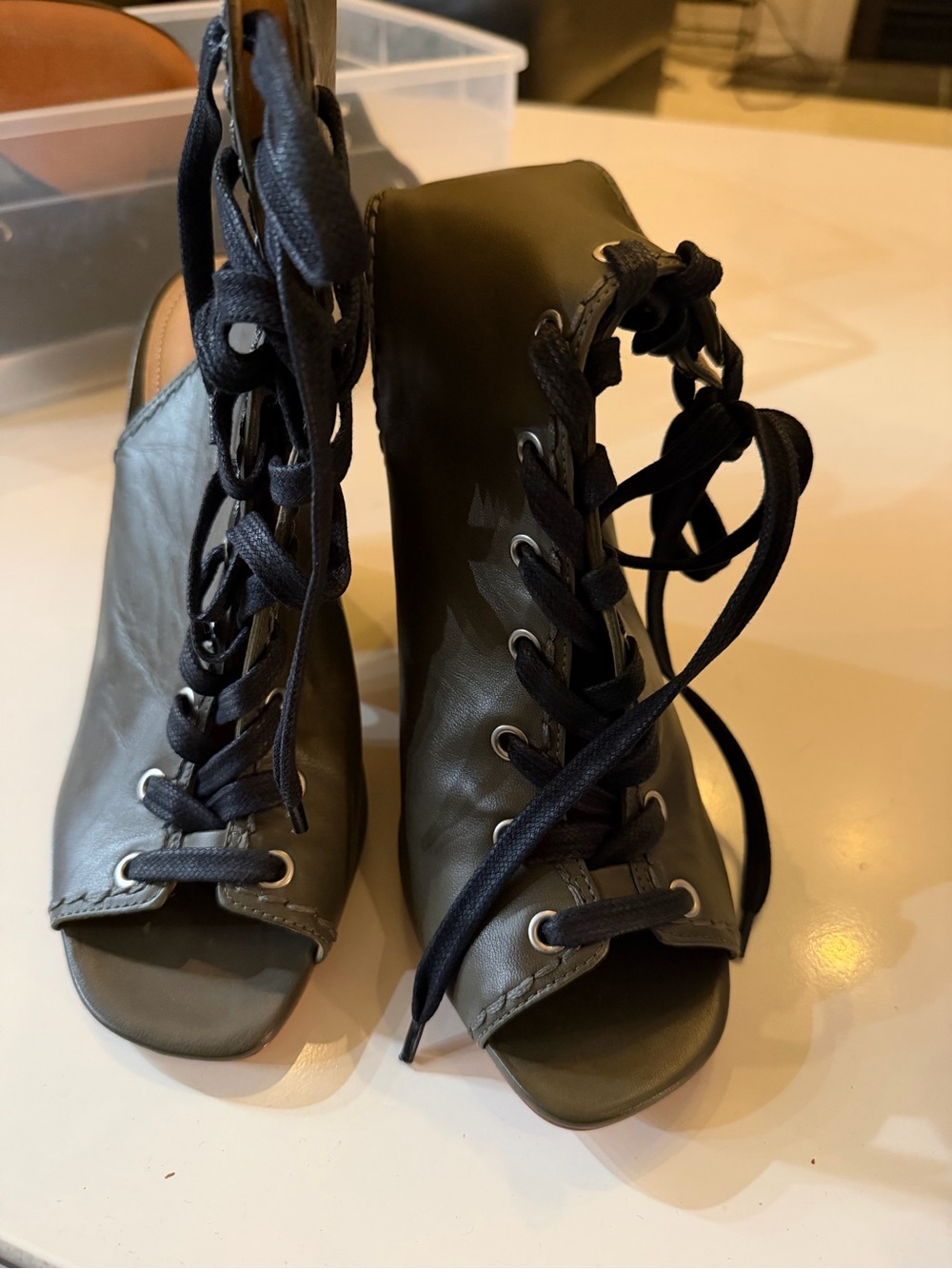SCHUTZ Lace-Up Open-Toe Ankle Booties in Olive
